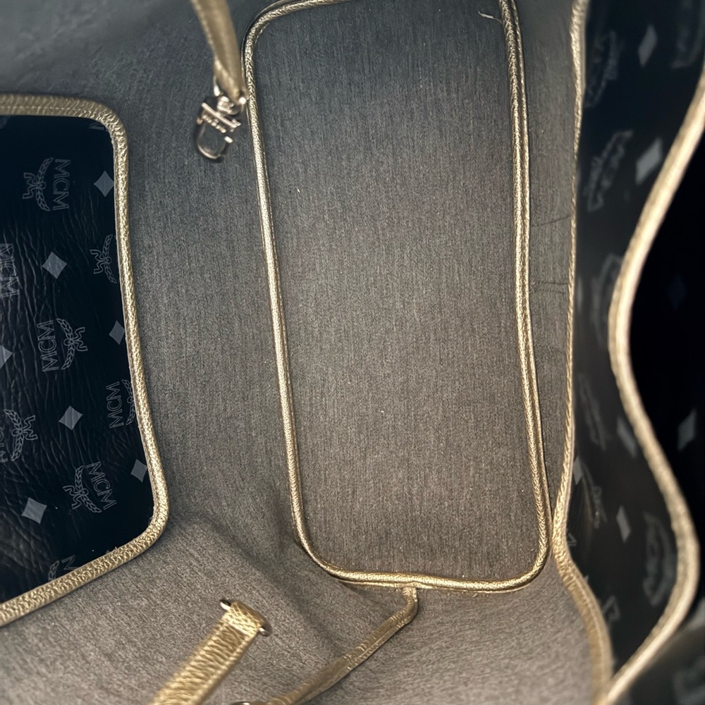 MCM Black Logo Tote with Metallic Gold Handles and Multicolor Stripe - Picture 5 of 6